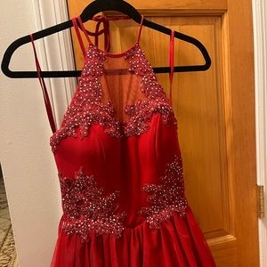 Juniors red mini dress with mesh neckline